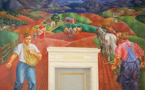 painting of farmers around a doorframe